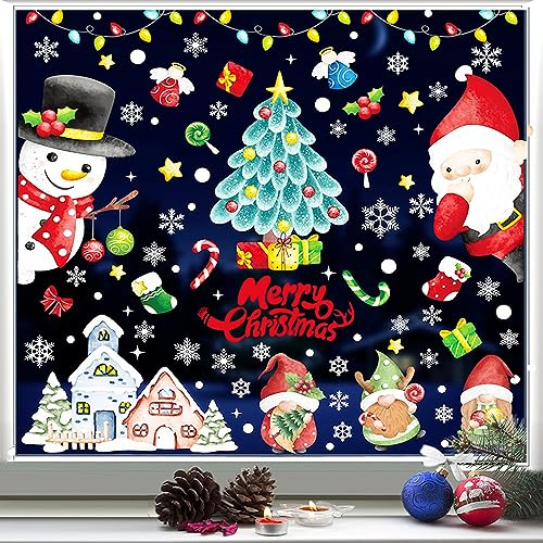 Fensterbilder Weihnachten Selbstklebend, 9 Blätter Weihnachtsmann Fensterdeko,Weihnachten Fensterdeko Aufkleber, Winter Schneeflocken Weihnachtsbaum Hirsch Deko PVC Fenstersticker