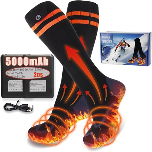 Hewwooy Heated Socks for Men Women, Gnueren Electric Heated Socks 5V 5000mAh USB Rechargeable Battery 4 Heating Settings Washable Winter heating socks for Skating, Camping, Hiking, Fishing, Cycling