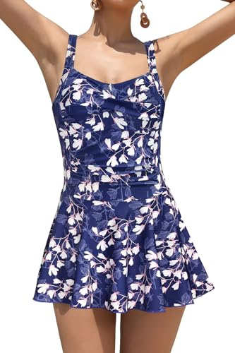 SHEKINI Femme Maillot de Bain 1 Pièce avec Jupette Vintage Ruched Abdominal Contrôle Rembourré Maillots Une Pièce Robe de Plage Swimsuit