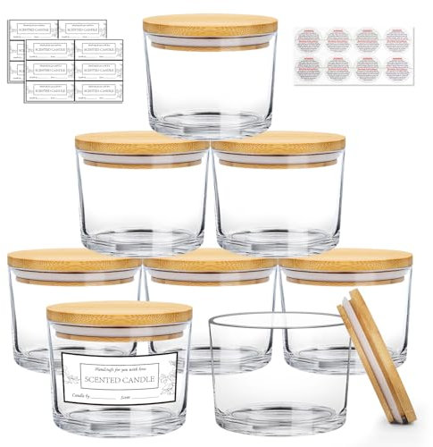 CONNOO Klarglas-Kerzengläser für die Herstellung von Kerzen mit luftdichtem Bambusdeckel, schöne klebrige Warnetiketten für die Kerzenherstellung, leere Behälter, spülmaschinenfest, 340 ml, 8 Stück