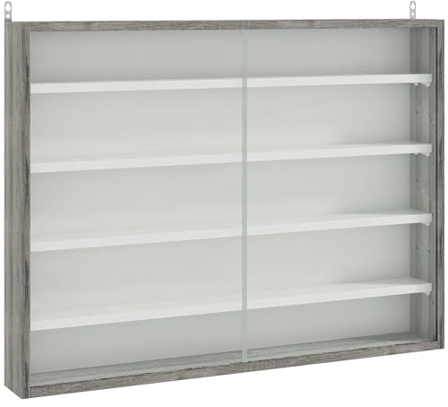 HOMCOM 5-Tier Wall Mounted Display Cabinet, Display Case with 4 Adjustable Shelves, Glass Doors for Home Office Ornaments 60x80cm, Grey Wood