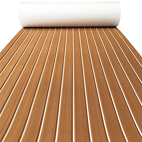 KXKZREN Boat Flooring EVA Foam Decking Sheet Faux Teak Marine Mat Non-Slip Boat Carpet Self-Adhesive Flooring for Jon Boats Motorboat RV Yacht Kayak Swim Platform 47.2 x 94.5 inch,31 sq.ft