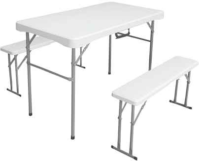 KG KITGARDEN - Set de Pique-Nique Pliable + 2 bancs, 113 x 62 x 71 cm, Blanc - Folding Picnic
