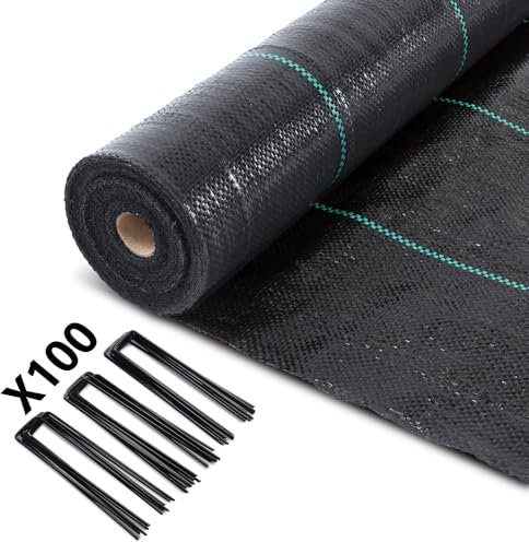 VOUNOT Weed Control Membrane 1m x 50m, with 100 Securing Pegs, Heavy Duty Weed Control Barrier Fabric, Landscape Ground Cover Suppressant Membrane for Garden, UV Stabilised
