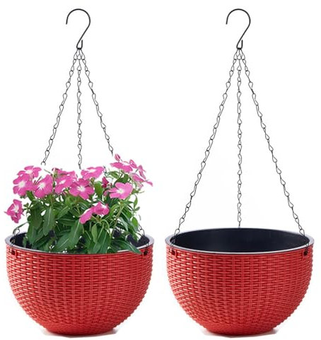 WOWEI Lot de 2 Pots de Fleurs Suspendus avec Nchaînes en Acier Inoxydable Pot Suspendu Plante avec Réservoir d'eau et Trou de Drainage Intérieur Exterieur Balcon et Jardiniere Suspendue (Rouge, S)