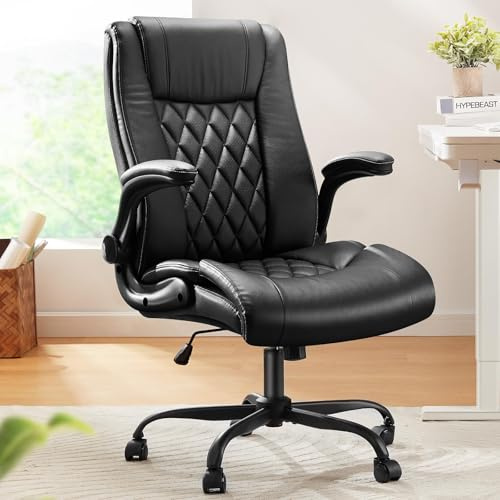 Marsail Executive Office Chair with Flip-up Armrests,PU Leather Ergonomic Office Chair with Tilt Function Height-Adjustable Swivel Rolling for Home Office Working, Black