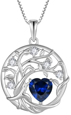FJ livets träd kedja damer 925 sterlingsilver livets träd halsband hänge födelsesten smycken gåvor för kvinnor, Kubisk zirkon, Safir