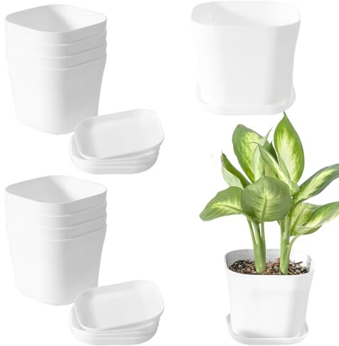 Ksvaye 10 Stück Weiß Blumentopf Kunststoff mit Untersetzer 10cm Durchmesser Pflanztöpfe Kleine Blumentöpfe Plastik Quadratische Pflanzentopf für Innen und Balkon Garten (9 * 9 * 8cm)