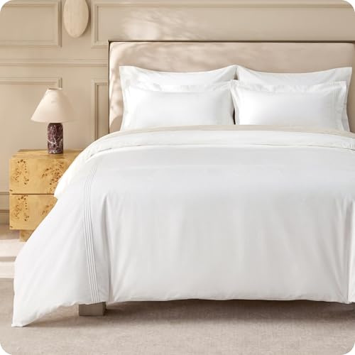 Bedsure 100% Cotton Percale Duvet Cover Queen, Luxury Hotel Duvet Cover, Rope Weave White Comforter Cover, PureWoven Breathable & Lightweight Bedding Set for All Season, 3 Pieces, 90x90