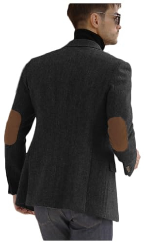Stillluxury Chaqueta deportiva de tweed marrón con parche en el codo para hombre, chaqueta vintage con solapa con muescas y un solo pecho, Herningbone Negro Gris, XL