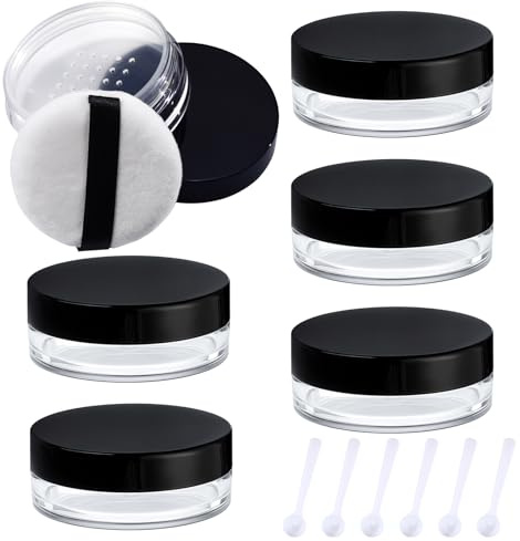 6 st små plastpåfyllningsbara lösa pulverbehållare med puff, sked, siktar och lock, 10 ml/3,7 oz resepulver kompakt, läckagesäker tom pulverbehållare (svart)
