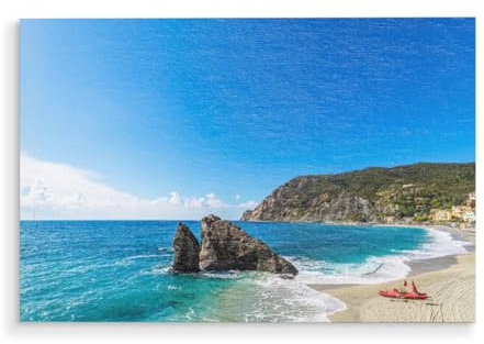 artboxONE Holzbild 45x30 cm Natur Strand in Monterosso mit Boot von Künstler Rico Ködder