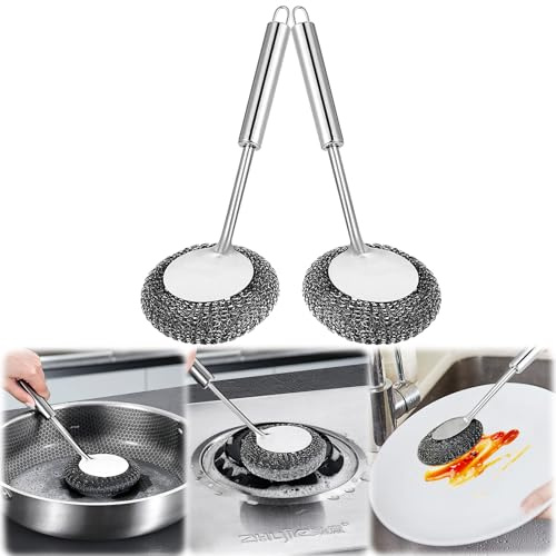 2 PCS Steel Wool Scrubber with Handle Set：Stainless Steel Steel Wool Scrubber,Dish Brush with Handle, Metal Dish Scrubber for Cleaning Dish,Pots, Pans, Sink (Long Handle Dish Brush Set)