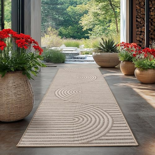 HomebyHome Outdoor Teppich Beige 80x250 cm Läufer Wetterfest UV-beständig Pflegeleicht Skandinavisches Boho Design für Küche Balkon Terrasse Wohnzimmer