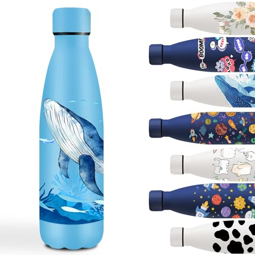 Grsta Trinkflasche 0 5 liter, Trinkflasche Edelstahl BPA- Freie, Wasserflasche Doppelwandig, Leicht zu Tragen, Wasserflasche für Wal, Auslaufsicher, Thermosflasche für Camping, Running, Blau