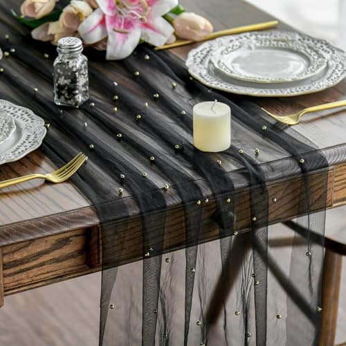 Artoid Mode Runner da tavola in tulle nero con perline 70 x 300 cm, decorazione da tavolo da cucina per interni, vacanze,, matrimonio, compleanno, festa