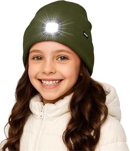 ATNKE Kinder LED Mütze mit Licht,Wiederaufladbare USB 4 LED Beleuchtete Laufmütze Extrem Heller Lampe Winter Warme Gefüttertes Fleece Stricken Mütze für Jungen und Mädchen Geschenke