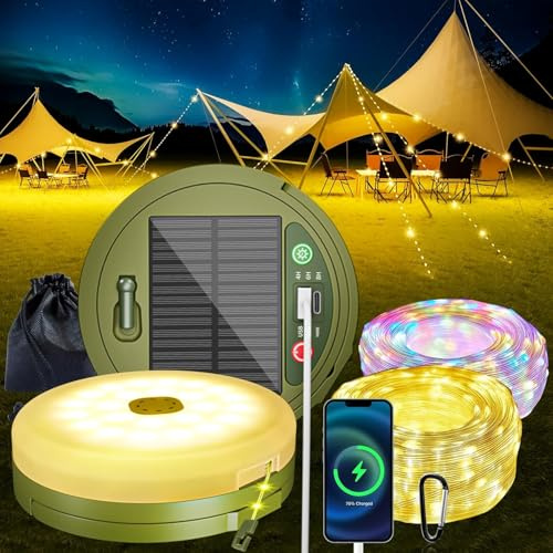 Solar-Campinglampe, IP65, mit LED-Lichterkette, 10 m, 8 Leuchtmodi, wiederaufladbar per USB/Solar, wasserdicht für den Außenbereich(Dünne Solarenergie)