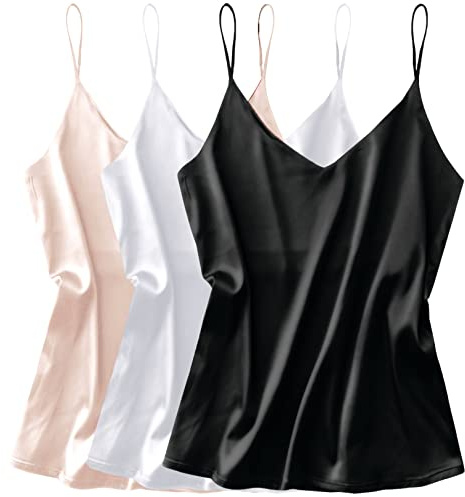 Ekouaer 3-pack dam silkessatinklädsel med V-ringning, camisole, spaghettirem, lösärmad blus, tanktopp S-XXL, XXL