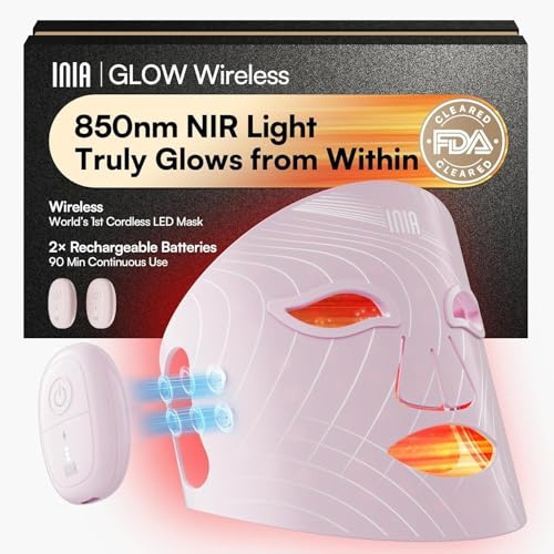 INIA Glow Máscara LED Facial Inalámbrica, Luz Roja, 4 Modos de Luz | Luz Roja, Amarilla y Azul, Inalámbrica y Portátil, Recargable, Diseño Ergonómico, Uso en Casa y Viajes, Rosa