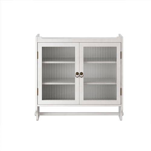 Hommdiy 60CM Glastür Vintage Doppeltür Wandschrank mit DREI Aufbewahrungsebenen mit Handtuchhalter, für Bad, Küche, Esszimmer, weiß gewaschen (weiß)