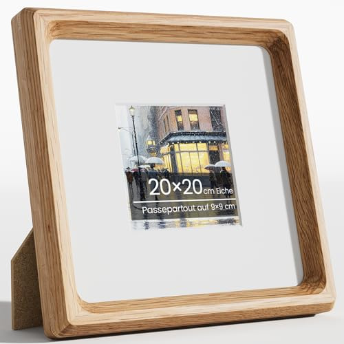 Feihorrm Bilderrahmen 20x20, Natürliches Eiche Holz Fotorahmen mit Glas | Handgefertigte 20x20cm Quadratische Rahmen oder 9x9 cm-Fotos mit Passepartout, Wand oder Tisch für Collagen, Wanddekoration