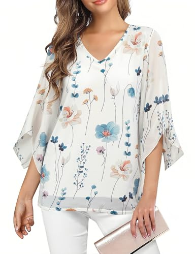 Enmain Women's Tunic Tops, 3/4 Sleeve V-Neck with White Ruffled Floral Pattern, Relaxed Loose Fit Summer Blouse, Easy Care Breathable for Everyday Ladies 3XL