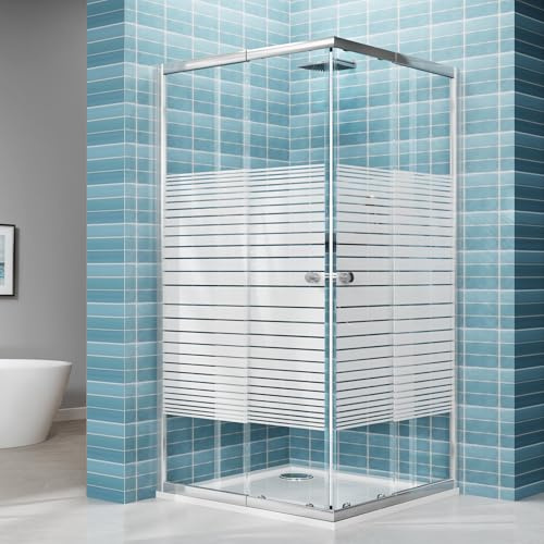 LARWORKS Duschkabine Eckeinstieg Variabel 75-90 cm, Duschwand mit Doppel Schiebetür für 80x80 cm 90x90 cm, 4 mm ESG Sicherheitsglas mit Nanobeschichtung, 180 cm Höhe, Silber Grau Querstreifen Dekor