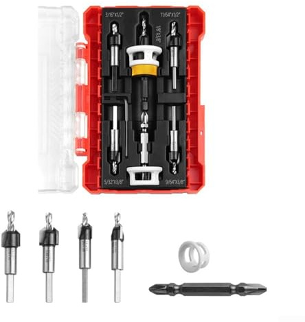 Juego de 5 brocas avellanadas HSS M2 cónicas para carpintería con tope de profundidad ajustable y llave, vástago hexagonal de 1/4 pulgadas para taladro eléctrico