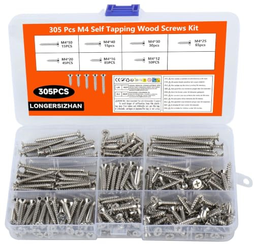 LONGERSIZHAN 305Pcs Tornillos M4 Autorroscantes, para Madera y Metal