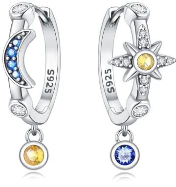 CYCUFF 925 Sterling Silber Hoop Ohrringe Bunte Cubic Zirkonia Schmuck Ohrringes für Frauen Set Ohrring Geschenke für Sie (Stern und Mond Ohrringe)
