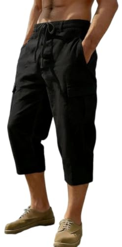 PADOLA Pantacourt Lin Homme été Léger Pantalon 3/4 Cargo Short avec Multi-Poches Taille Elastique Bermuda Baggy Short de Travail Décontracté Pantalon Court de Yoga Shorts Large de Plage