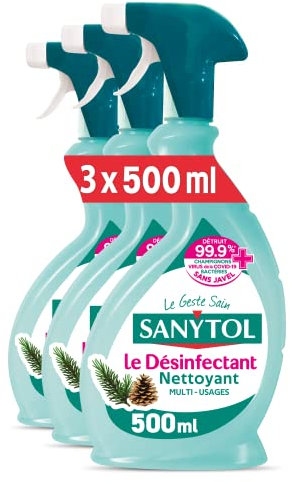 Sanytol - Désinfectant Multi-Usages - Parfum Pin - 500 ml - Lot de 3 - Bactéricide, Virucide, Fongicide - Sans Javel, Testé Dermatologiquement - Sans Rinçage