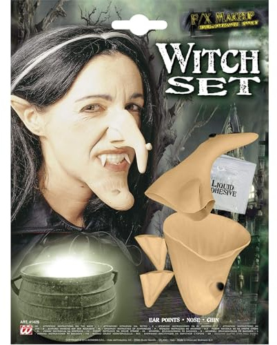 Widmann 4142S - Set Hexe 5-teilig, Kinn mit Nase und Spitzohren, Latex, F/X Make up, Halloween, Horror, Mottoparty