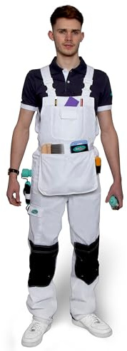 Axus Decor Bib & Brace Overalls, Triple Stitched, White Decorators Overalls - Shrink Resistant & Comfortable Fabric, Multiple Pockets – Ideal for Painter & Other Workwear - Small