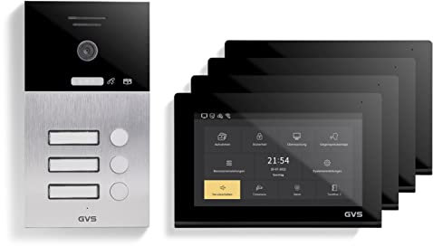 GVS - IP Video Türsprechanlage 4 Familienhaus mit Türöffner, HD Kamera, 4X 7 Zoll Monitor & App - Smarte Video Türklingel mit Kamera & Gegensprechanlage (AVS1092U)