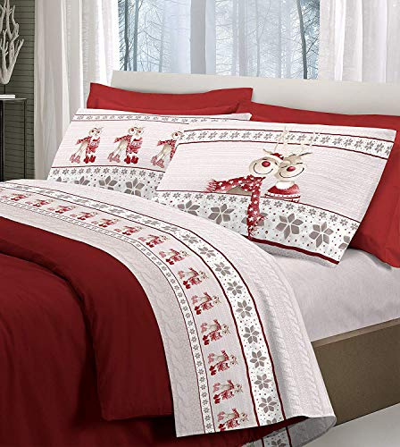 Pellecchia Colori Set Completo Lenzuola in Flanella Pensieri Delicati Fantasia Renna (Rosso, Matrimoniale )