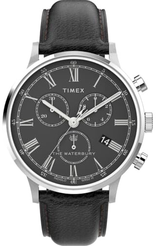 Timex TW2U88300 Waterbury Herren-Armbanduhr, 40 mm, schwarzes Lederarmband mit schwarzem Zifferblatt, Edelstahlgehäuse
