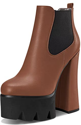 Castamere Donna Chunky Blocco Tacco Heel Piattaforma Rotonda Punta Slip-on Stivaletti Sexy da Matrimonio Feste 15 CM Heels Marrone A 38 EU