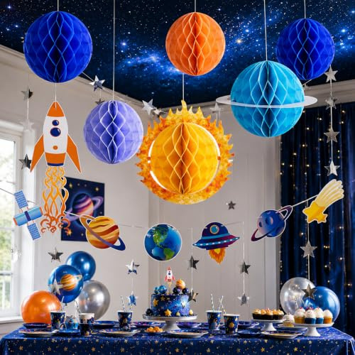 EASY JOY Weltraum Deko Kindergeburtstag Set mit Honeycomb-Planeten | Sternenbanner und Girlande zum Aufhängen für Space Party, Kindergeburtstag, Jungen und Mädchen