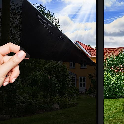 OFHome Fensterfolie Blickdicht von Aussen, Spiegelfolie Selbstklebend UV-Schutz, Wärmeisolierung Sichtschutz Sonnenschutzfolie mit Kleber, Thermofolie Fenster Gegen hitze, Schwarz, 105x200cm