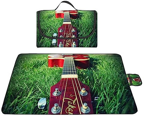 TengYuer Picknickdecke 180x200cm Stranddecke Wasserdicht Sandfrei Isoliert Faltbar Strandmatte mit Tragegriff Outdoor Campingdecke XXL für Camping Parks Strände Picknick GrüNe Gitarre