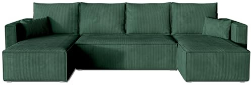 BROMARKT Ecksofa mit Schlaffunktion Dunkelgrün Sofa mit Bettkasten U Form | Wohnlandschaft Eckcouch Freistehend Couch Polstercouch Schlafsofa Schlafcouch Stauraum 305 cm Breite 5 Sitzer Stoff Cord U
