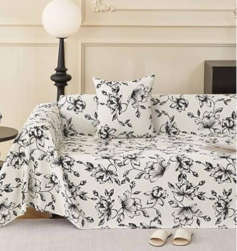 Epinki Sofaüberwurf, 180x380CM Couchbezug Ohne Armlehne Blumen Muster, Kratzfester Sofaschoner aus Chenille für Wohnzimmer, Schwarz