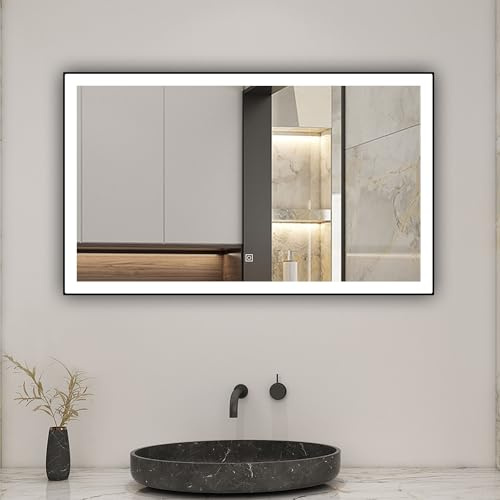 Biubiubath LED Wandspiegel 120x70cm Beschlagfrei Touch/Wandschalter 3 Lichtfarbe +Dimmbar Badspiegel mit Beleuchtung Badezimmerspiegel mit Schwarz Rahmen IP44
