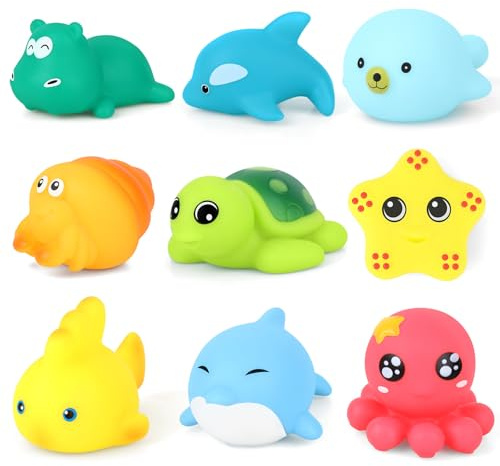 Lemicin Bath Toys Ocean Animal - 9pcs Bath Squirter Toys Floating Rubber Fish Water Toys for Bathtub Tub Water Pool Shower Toys for 1 2 3 4 Year Old Baby kids children