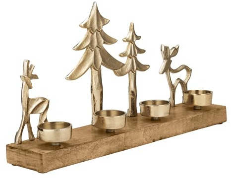 EGLO LIVING Teelichthalter mit Deko Rentieren Baliguian, Weihnachtsdeko Fensterbank Wohnzimmer, Tischdeko Weihnachten Hirsch Weihnachtsbaum, Holz und Metall in Gold, 38 x 20 cm | Weihnachtsdeko Fensterbank Wohnzimmer, Tischdeko Weihnachten Hirsch Weihnachtsbaum, Holz und Metall in Gold, 38 x 20 cm