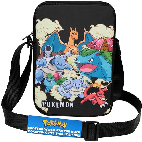 Pokemon Umhängetasche Kinder Jungen Teenager, Pikachu Gengar Kleine Handtasche zum Umhängen Schultertasche Urlaub Schule Handy Bargeld (20x14x6cm, Schwarz)