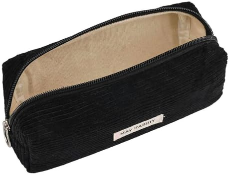 Criveple Trousse en velours côtelé avec fermeture éclair pratique pour l'école, le bureau, les voyages, Noir , 19cm x 7cm x 6cm, Simple