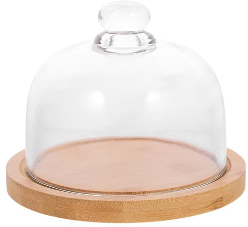 Holz-Kuchenblech mit Glaskuppel, rund, transparent, Glocke, Kuchenplatte, Servierplatte, Tortendekoration, Glas-Kuchenform, Deckel für Kuchen, Dessert, Käse, Gebäck, 6. 12,7 cm